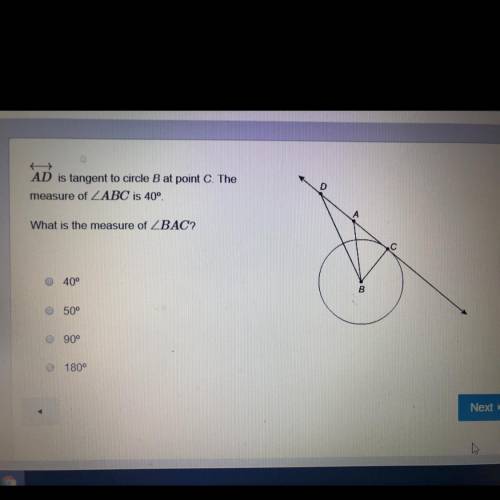 AD is tangent to circle B at point C. The measure of ABC is 40°. What is the measure of BAC?