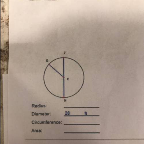 Radius: Diameter: 28 Circumference: Area: Please help!!!