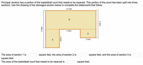 The area of section 1 is _____ square feet, the area of section 2 is _____ square feet, and the area