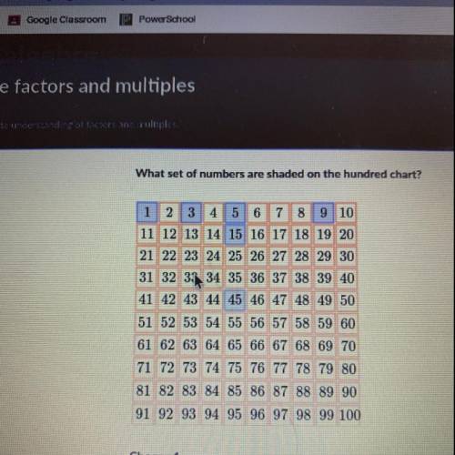 What set of numbers are shaded on the hundred chart. A: only all the factors of 45 B: only the multi