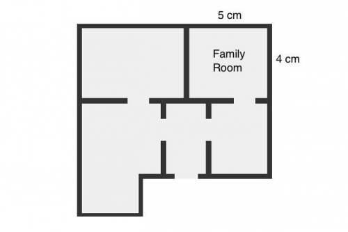 A floor plan of a house was drawn using a scale of 1 cm = 1.5 m. The family room in the plan is pict