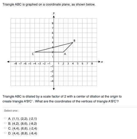 Triangle abc is graphed on a coordinate plane, as shown below. Triangle ABC is dilated by a scale fa
