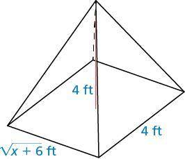 The volume of the pyramid shown is 16 cubic feet. Find the value of x.