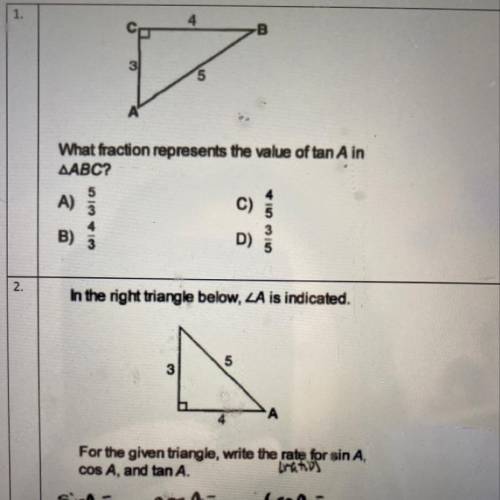 What fraction represents the value of tan A in AABC?