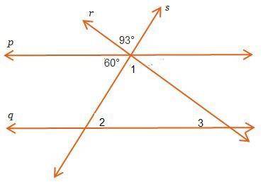 Lines p and q are parallel. (Image attached)  What is the measure of angle 3 in degrees? A: 27 B: 33
