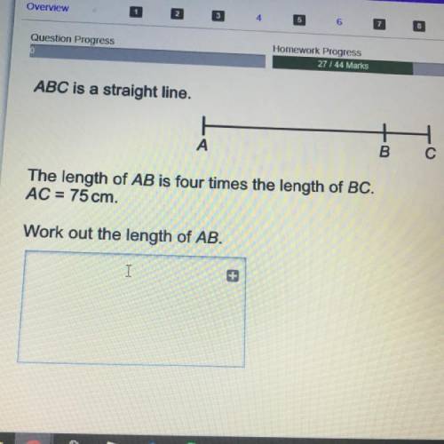 ABC is a straight line. The length of AB is four times the length of BC. AC = 75 cm. Work out the le