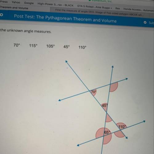 Help me plz!! Determine the unknown angle measures. 70° 115°105° 45° 110°