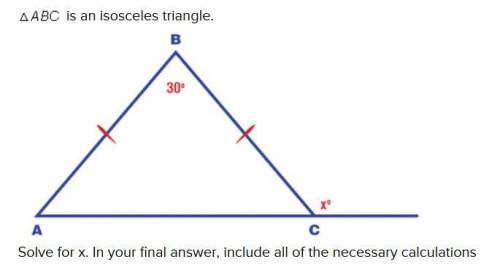 15 pts and brainiest for the answer.  ABC is an isosceles triangle. Solve for x. In your final answe