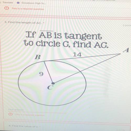 If AB is tangent to circle C, find AC.