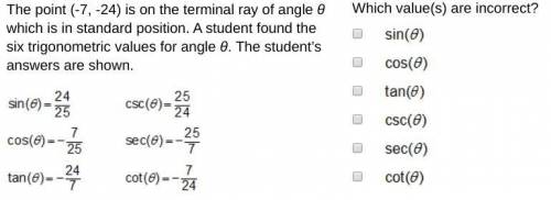 The point (-7,-24) is on the terminal side of angle θ which is in standard position. A student found