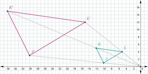 Consider triangles JKL and J′K′L′, with J(−10,1), K(−12,5), L(−5,4), J′(−30,3), K′(−36,15), and L′(−