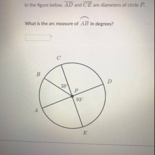 In the figure below, AD and CE are diameters of circle P. What is the arc measure of AB in degrees?