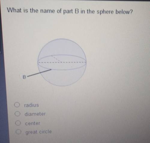 What is the name of part B in the sphere below?O radiusO diameterO centerO great circle