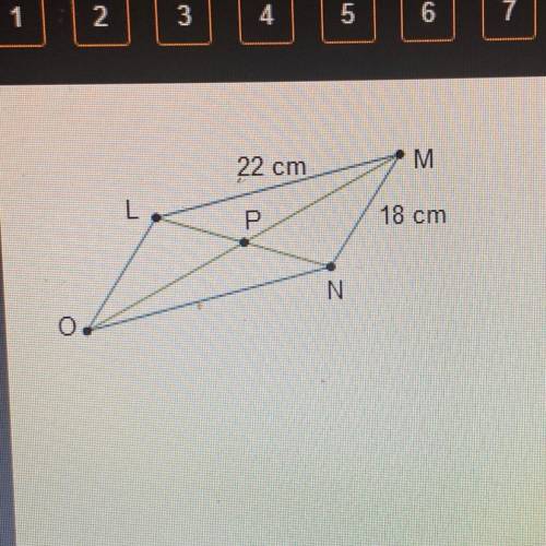 What is the perimeter of parallelogram LMNO? 22 cm