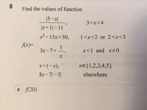 You have to find the values of the functions for f of 20, 0.5, 3, 3.8, 1.5, 5, 4.5, 0, -1, 8/3. Plea