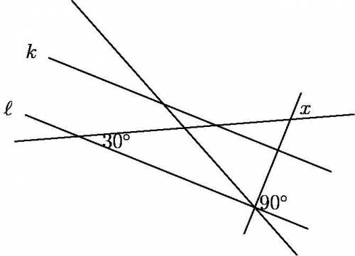 In the diagram below, lines $k$ and $\ell$ are parallel. Find the measure of angle $x$ in degrees.⊕⊕