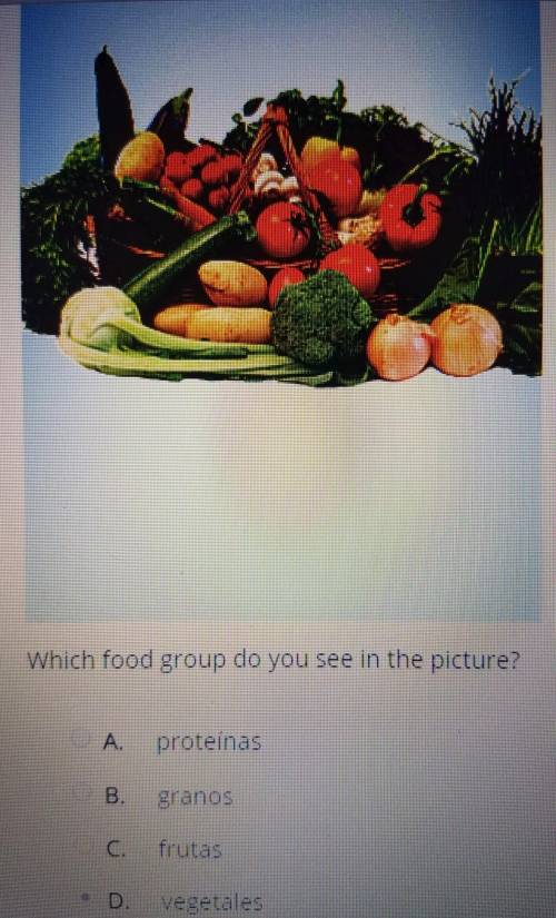 Which food group do you see in the picture?A.proteinasB.granosC.frutasD.vegetales