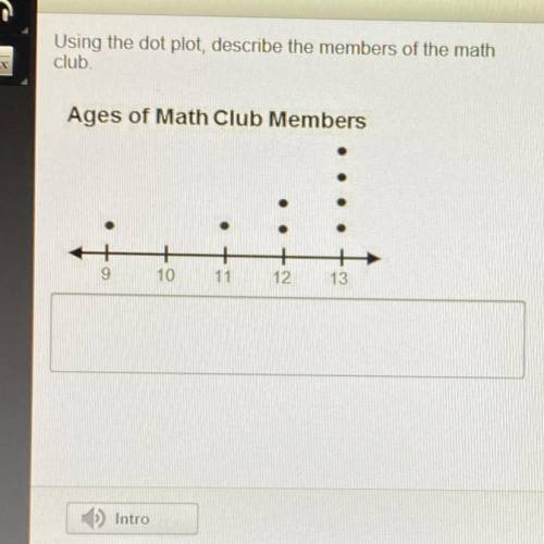 Using the dot plot, describe the members of the math club Ages of Math Club Members 9 10 11 12 13