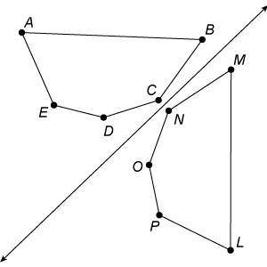 Polygon ABCDE is the result of a reflection of polygon LMNOP over the line.Which line segment in the