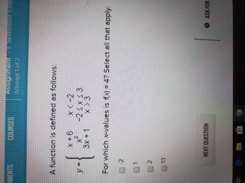 A function is defined as follows: For which x-value is f(x)=4? Select all that apply