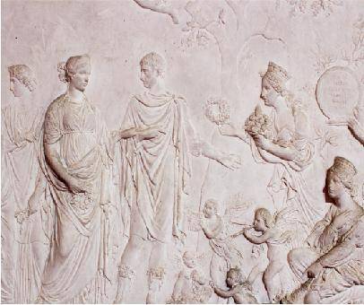The image shows Roman art. A wall with a lifelike mural showing Roman men and women in 3D. What type