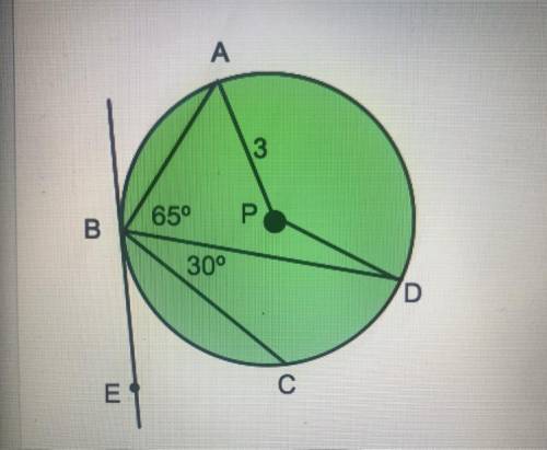 Find arc AD. Find angle APD. If BC=100°, find angle EBC. Find arc AB. Find area of sector APD. Pleas