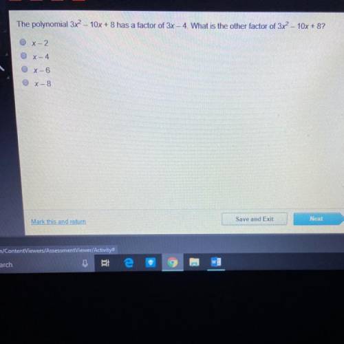 The polynomial 3x^2-10+8 has a factor of 3x-4. What is the other factor of 3x^2-10+8?