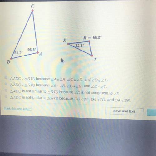 Which best explains the relationship between the two triangles below? R= 96.5 32.39 96.5 51.2 AADC-A