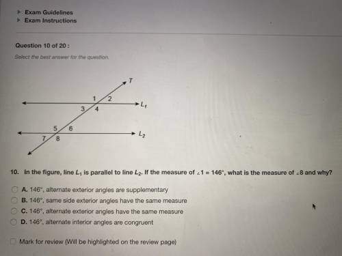 In the figure, line L1 is parallel to line L2. If the measure of <1 = 146°, what is the measure o