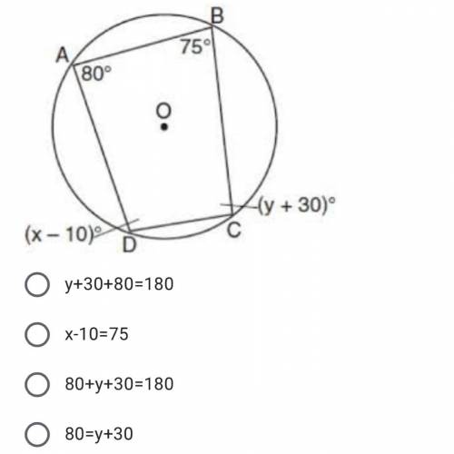 Which equation would help determine the measure of angle D? A. y+30+80=180 B. x-10=75 C. 80+y+30=180