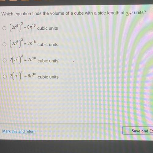 Which equation finds the volume of a cube with a side length of 2n^6 units