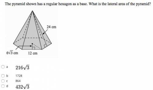 The pyramid shown has a regular hexagon as a base. What is the lateral area of the pyramid?