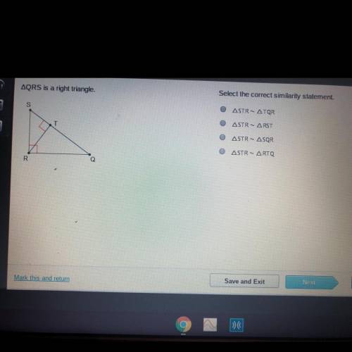 AQRS is a right triangle. Select the correct similarity statement. s ASTR-ATQR ASTR- ARST ASTR-ASQR