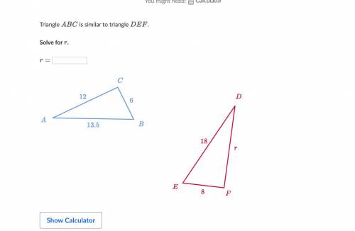 Triangle ABC is similar to triangle DEF.Solve for r.