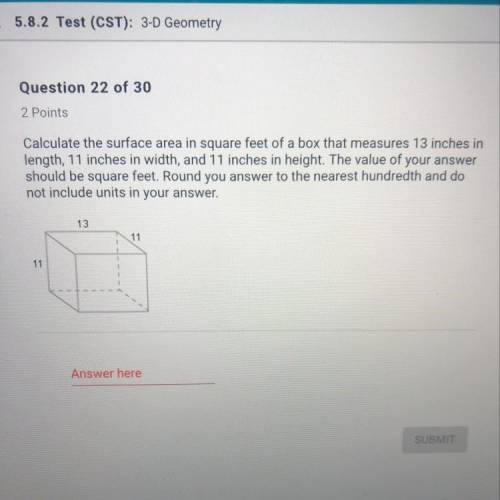 Calculate the surface area in square feet of a box that measures 13 inches in length, 11 inches in