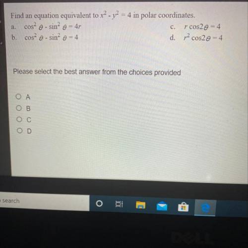 Find and equation equivalent to x^2-y^2=4 in polar coordinates.