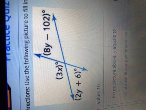 In the picture above, y equals to _ degrees. The acute angle (2y+6) measures _ degrees and its obtu