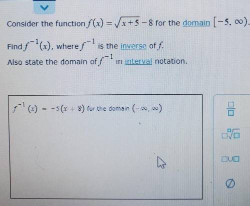 F-1(x) = -5(x + 8) what is my domain?can someone review my answer?