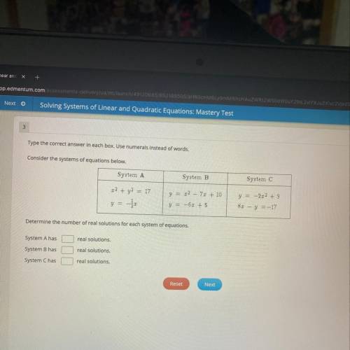 Determine the number of real solutions for each system of equations
hurry i need it quick!