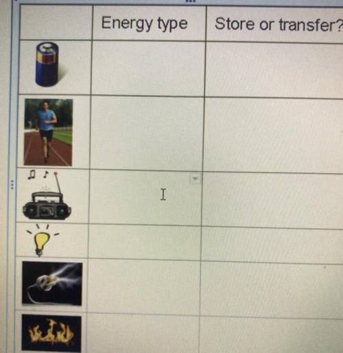 For each picture I need to say what type of energy is stored and if it is a store or a transfer
