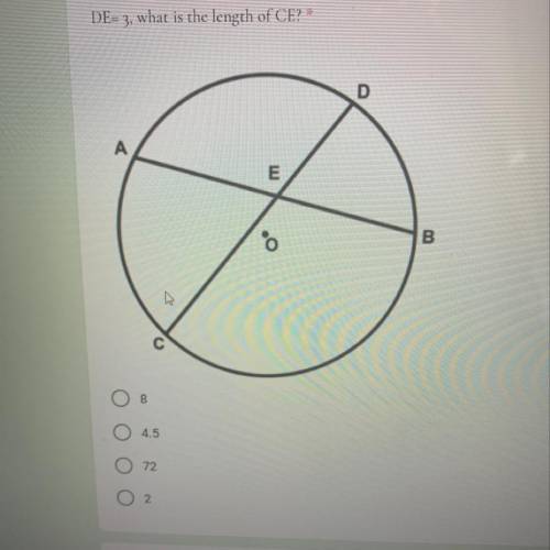 In the diagram below of circle O, chords AB and CD intersect at E. If AE = 6, BE = 4, and

DE= 3,