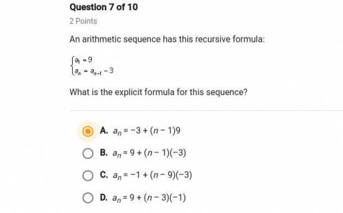 An arithmetic sequence has this recursive formula. a1=9 and 1-3 .