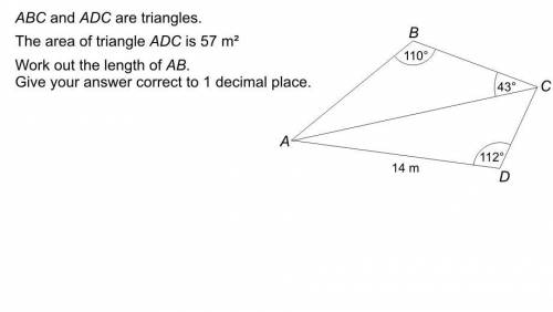 Abc and adc are triangles the area of triangle adc is 57m^2

work out the length of abGive your an