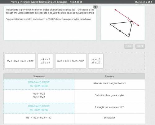 Malita wants to prove that the interior angles of any triangle sum to 180°. She draws a line throug
