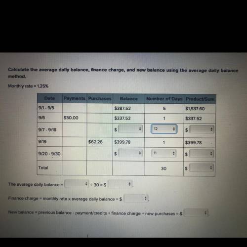 What is the average daily balance, finance charge, and new balance using the average daily balance