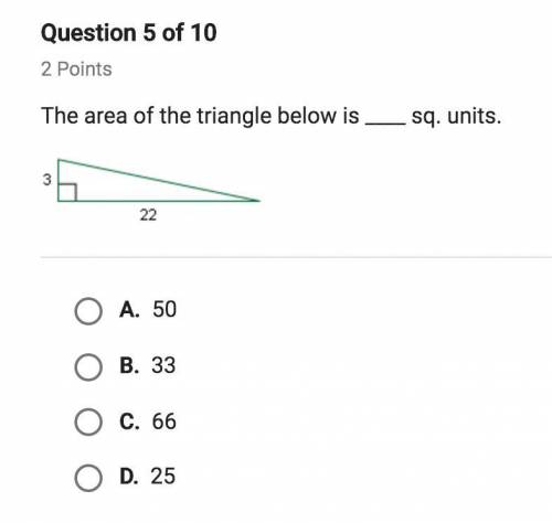 The area of the triangle below is ____ sq. units.