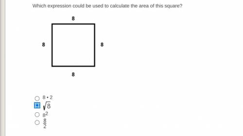 Which expression could be used to calculate the area of this square? Square sides labeled 8. 8 • 2