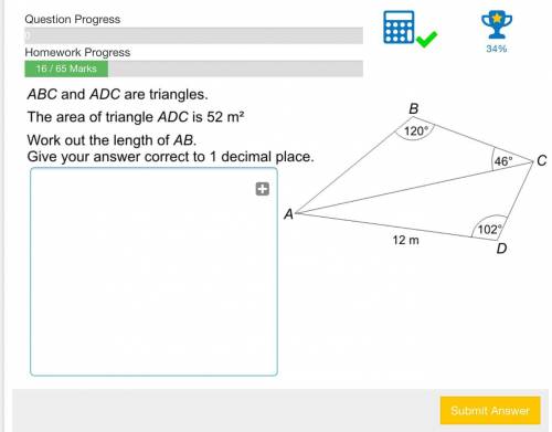 ABC and ADC are triangles. The area of triangle ADC is 52m^2. Work out the length of AB. Give your