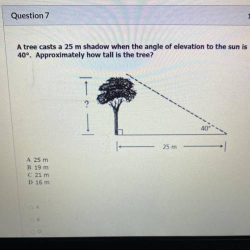 A tree casts a 25 m shadow when the angle of elevation to the sun is

40°. Approximately how tall