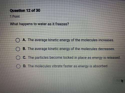 what happens to water as it freezes? i know the answer is either b or c, but i’m not sure which one